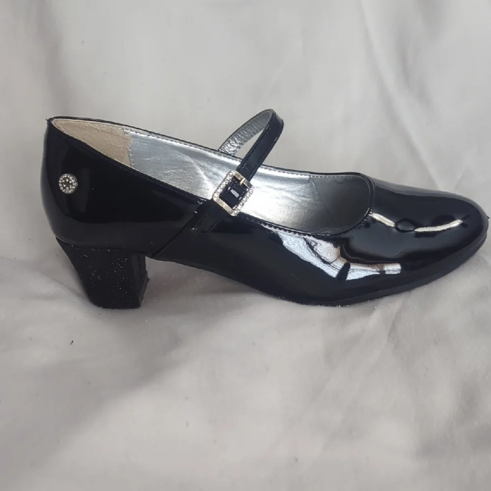 Girls Mary Jane Black Patent Leather Dress Shoes Size 5 W/ Heel
